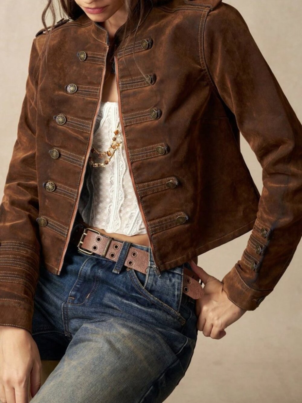 Brown Suede Military Band Jacket with Antique Button Trim